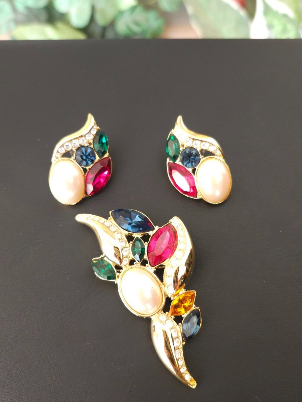 Vintage 1980s Monet Jewel Tones Brooch & Earring Set
